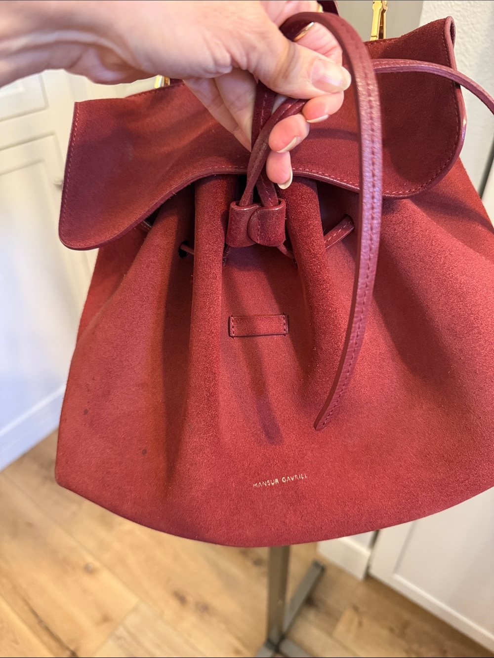 EUC Mansur Gavriel Maroon Suede Leather Drawstring Crossbody